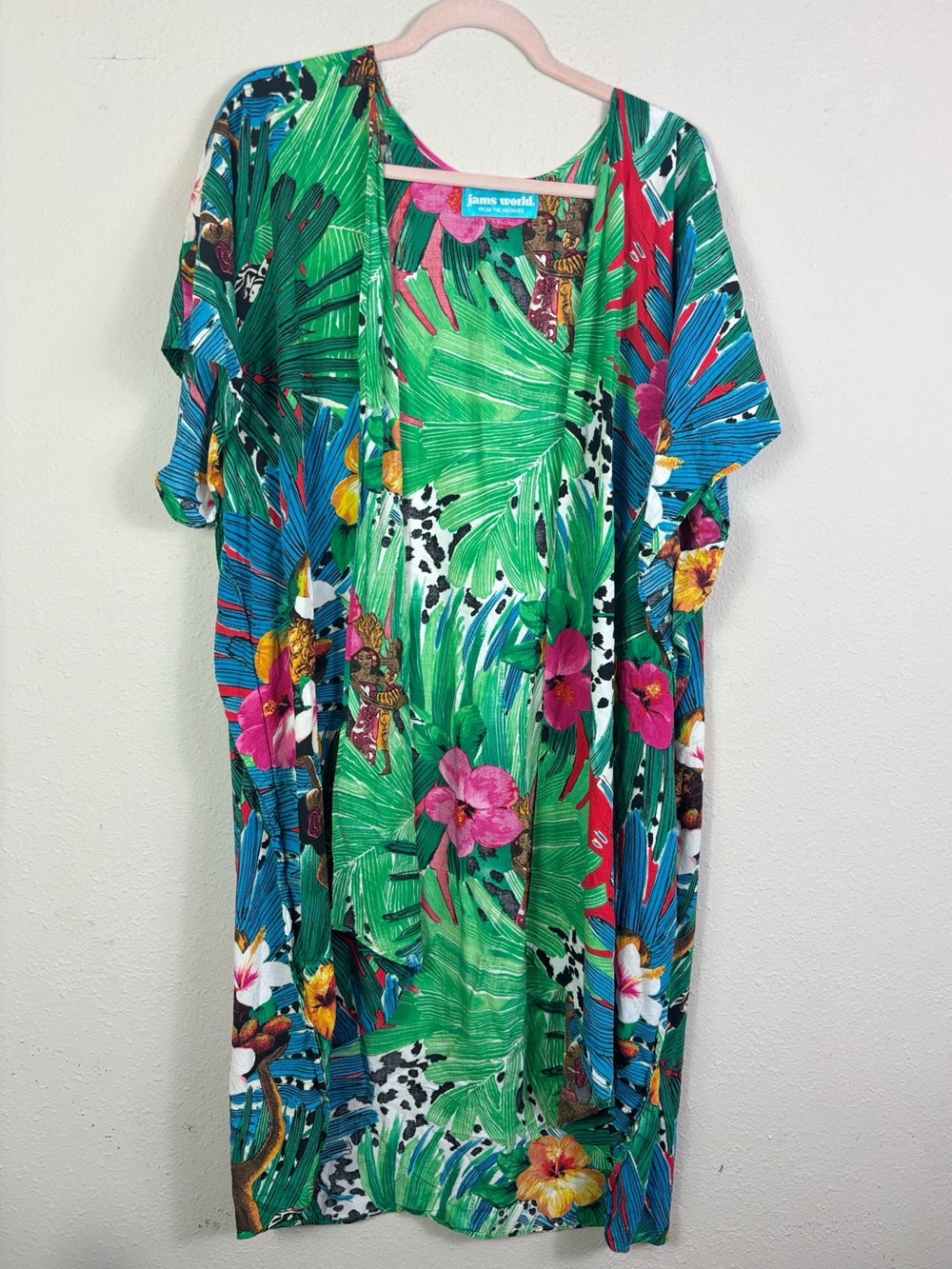 RARE Jams World Kimono Cardigan Coverup Green Pink Tropical Pattern One Size